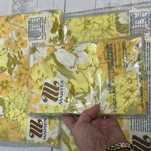 Vintage Martex Luxor Percale Twin Fitted Sheet Set 3pc Yellow Green Pillowcases - Picture 9 of 13